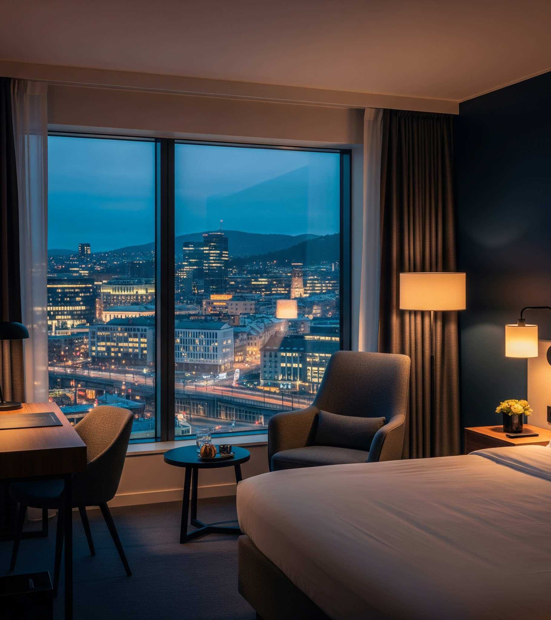 Luksuriøst hotellrom med utsikt over en by